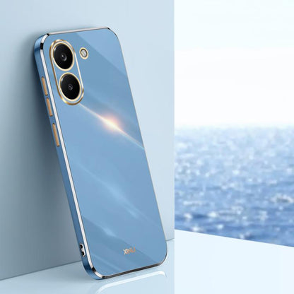 Electroplate TPU phone case in blue with gold-trim edges and dual camera cutouts.