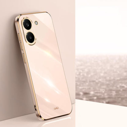 Electroplate TPU phone case, pink with gold trim, quad camera cutout