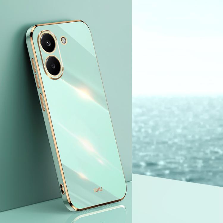 Electroplate TPU phone case, mint green with gold trim, quad camera cutout