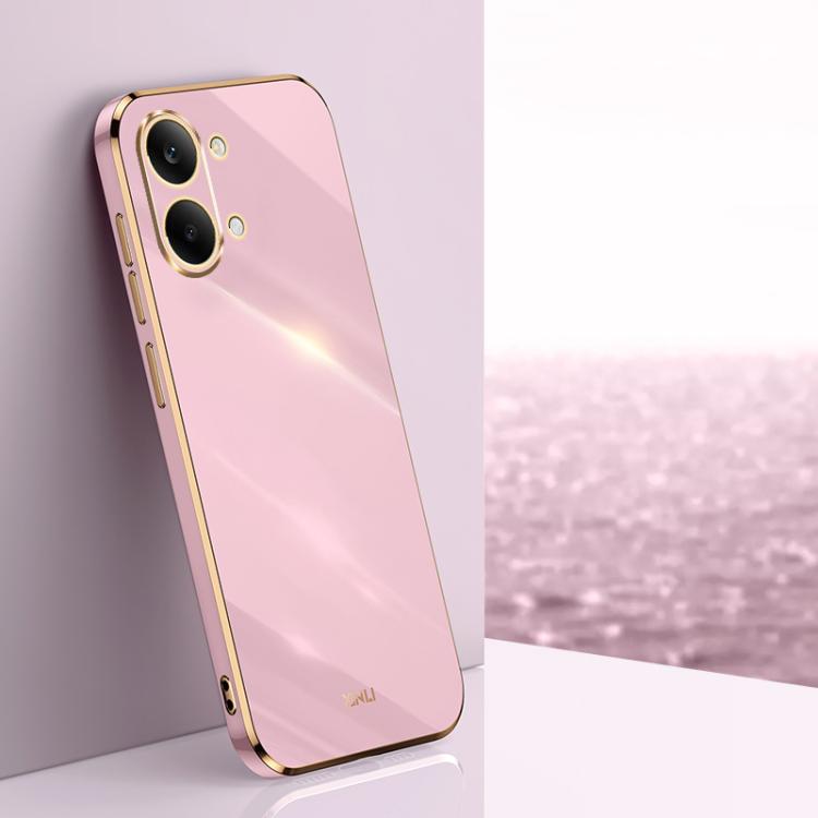 Pink electroplate TPU phone case, angled view, gold-tone edge and dual camera cutouts
