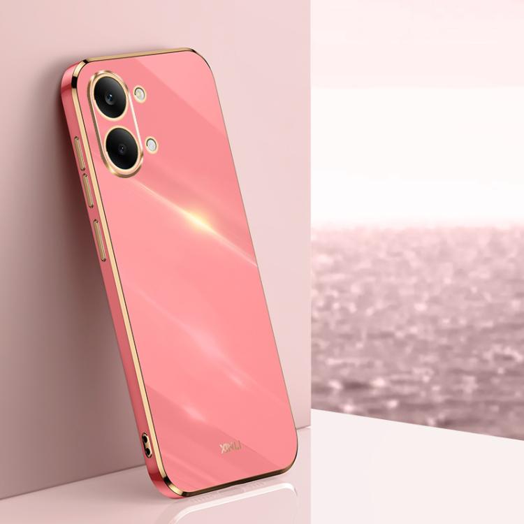 Electroplate TPU phone case in pink with gold-trim edges and dual camera cutouts.