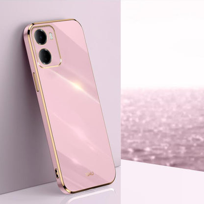 Pink electroplate TPU phone case with gold-tone edge and dual camera cutouts
