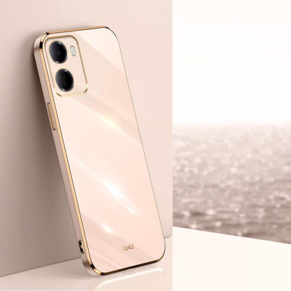 Cream electroplate TPU phone case with gold-tone edge and dual camera cutouts