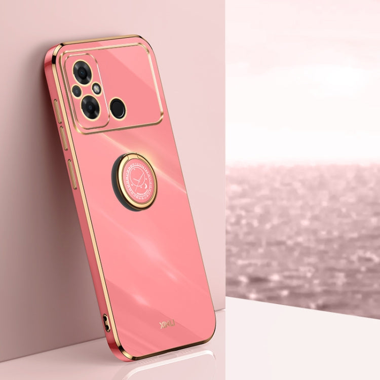 XINLI TPU phone case in coral pink with ring holder and gold-tone edges