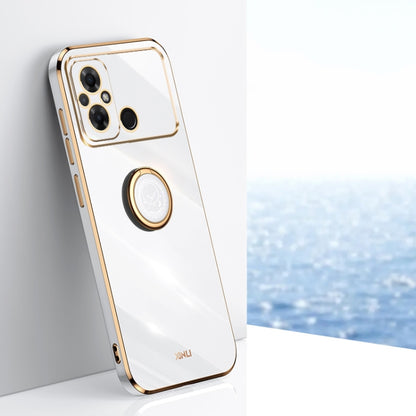 XINLI straight-edge TPU phone case in white, gold ring holder around camera cutouts