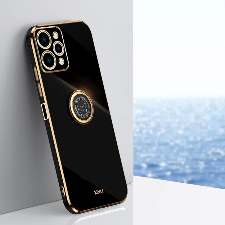 Black TPU phone case with ring holder and gold-tone edges, with camera cutouts