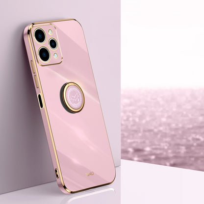 Pink TPU phone case with ring holder and gold-tone edges, with camera cutouts