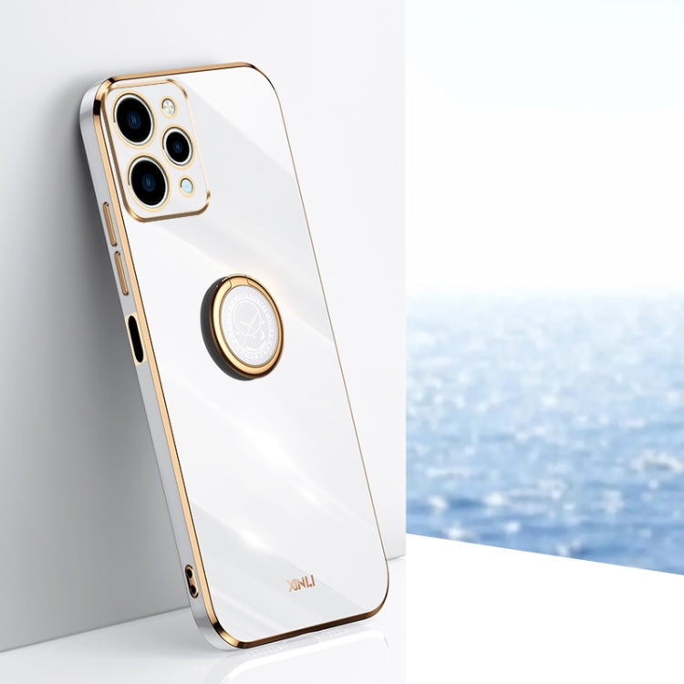 White TPU phone case with ring holder and gold-tone edges, with camera cutouts