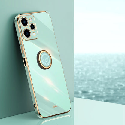 Aqua TPU phone case with ring holder and gold-tone edges, with camera cutouts