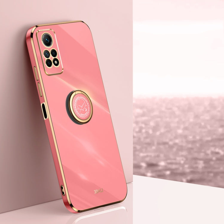 Coral pink electroplate TPU phone case with ring holder, gold-tone edge, camera cutouts