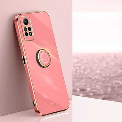 Coral pink electroplate TPU phone case with ring holder, gold-tone edge, camera cutouts