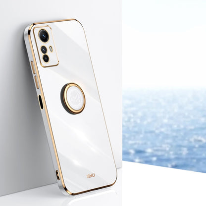 White electroplate TPU phone case with ring holder, gold-tone edge, camera cutouts