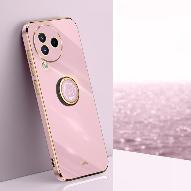 XINLI TPU phone case in light pink with ring holder and gold-tone edges