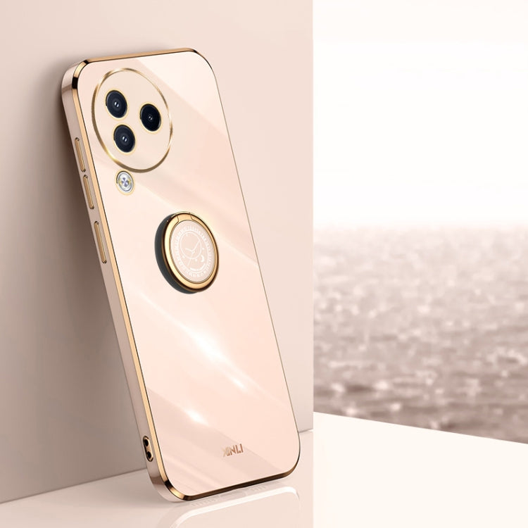 XINLI TPU phone case in pale pink with ring holder and gold-tone edges