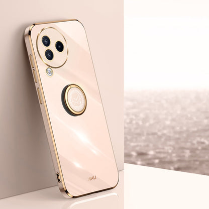 XINLI TPU phone case in pale pink with ring holder and gold-tone edges