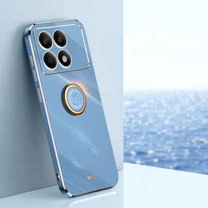 Light blue TPU phone case with ring holder and electroplated edge, four camera cutouts