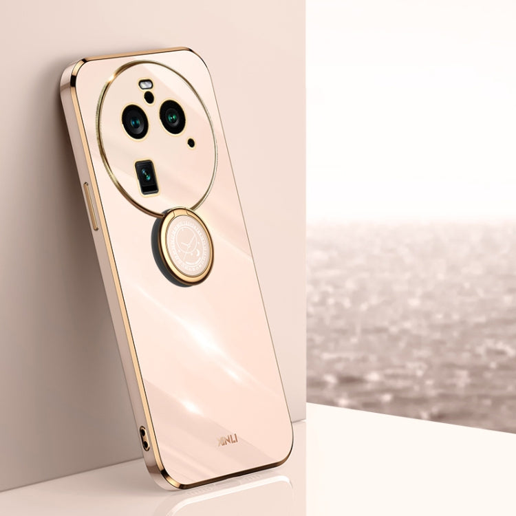 Light pink TPU phone case with electroplated trim and circular ring holder on back