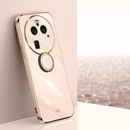 Light pink TPU phone case with electroplated trim and circular ring holder on back