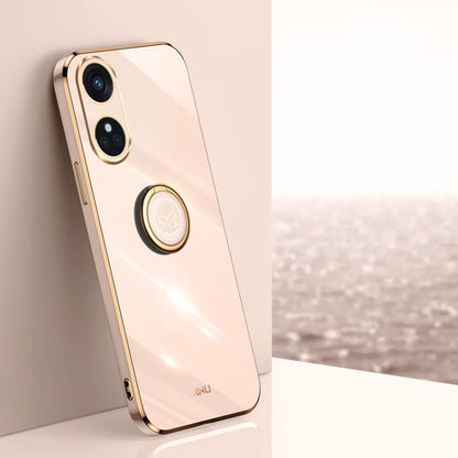 XINLI TPU phone case with ring holder, electroplated straight-edge, light beige
