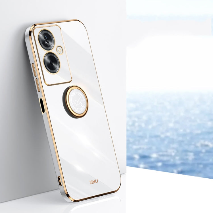 White TPU phone case with electroplated gold ring holder and dual camera cutouts