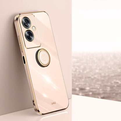 Light peach TPU phone case with electroplated gold ring holder and camera cutouts