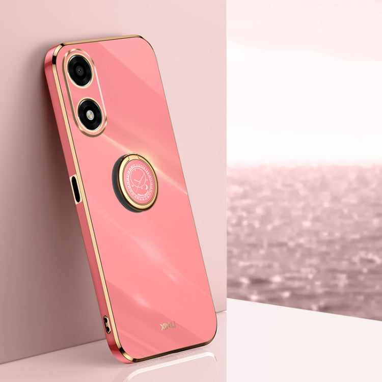 Pink TPU phone case with electroplated trim and circular ring holder for cameras