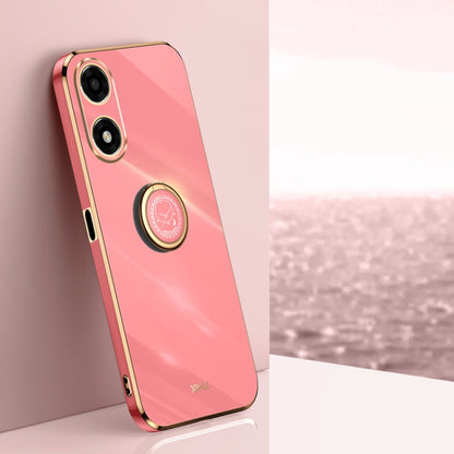 Pink TPU phone case with electroplated trim and circular ring holder for cameras