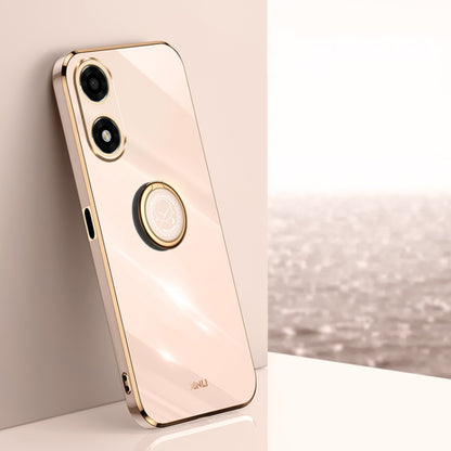 Light pink TPU phone case with electroplated trim and ring holder near cameras