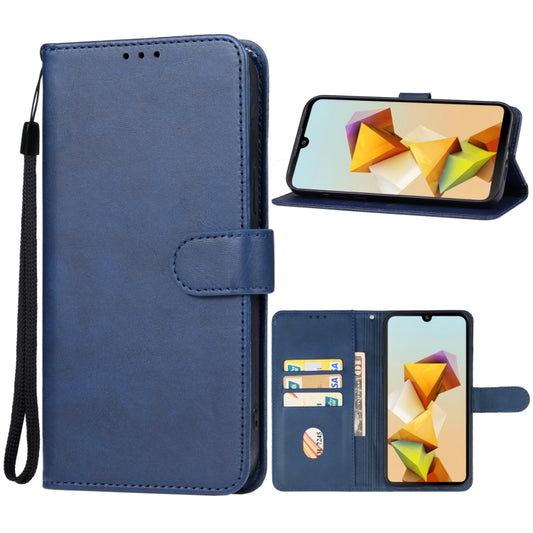 Blue leather phone case with wallet flap and hand strap, front and open view