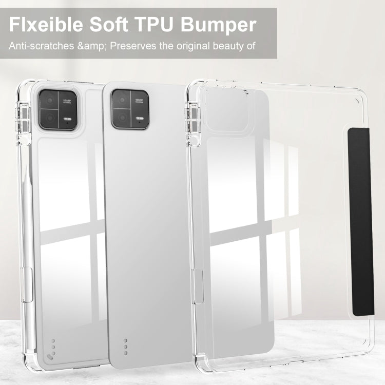 3-fold clear TPU bumper case with stand, showing tablet back and front flip cover
