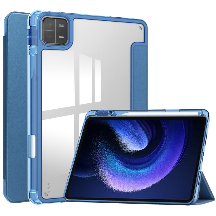 3-fold clear TPU tablet case in blue with kickstand holding tablet upright