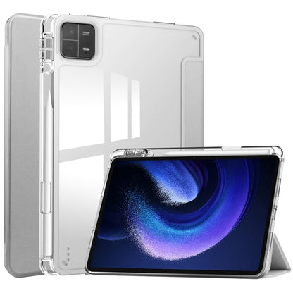 3-fold clear TPU tablet case in silver/gray with kickstand and folio cover