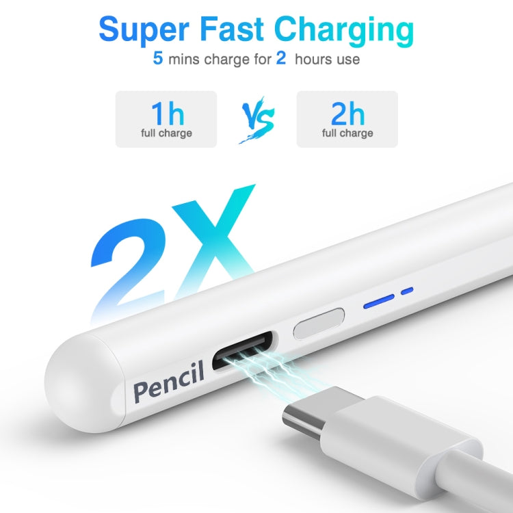 White stylus pen with blue side button and charging cable connected
