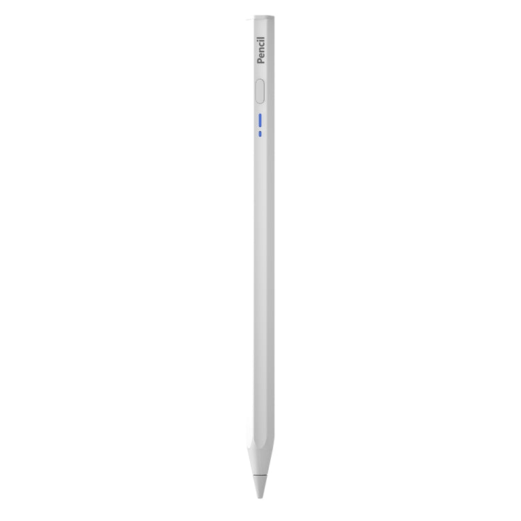 White hexagonal Bluetooth stylus pen with pointed tip and side control button