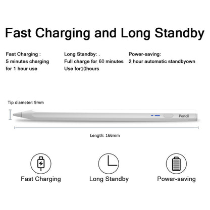 Side view of white hexagonal Bluetooth stylus pen with length and tip diameter