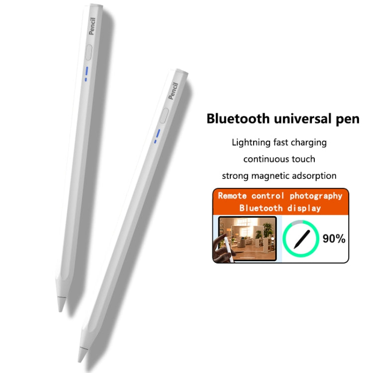 Two-angle view of white hexagonal Bluetooth stylus pen with blue indicator line