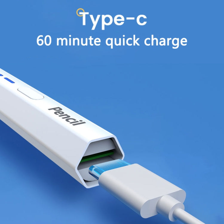 Close-up of white Type-C stylus charging port end on a hexagonal pen body