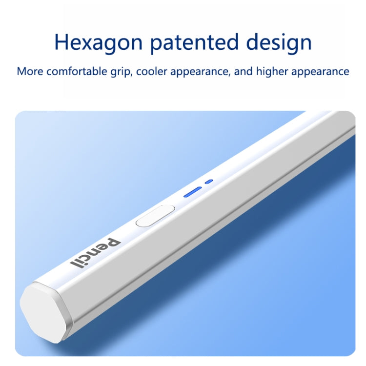 Close-up of hexagonal stylus pen grip with side blue indicator window