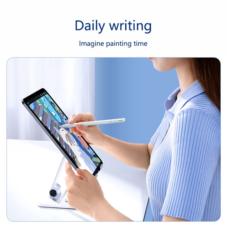 Person using a white hexagonal Bluetooth stylus pen on a tablet screen for drawing