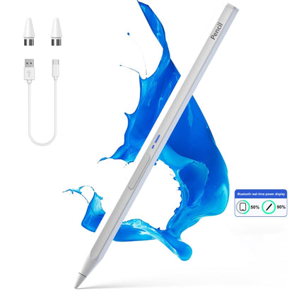 White hexagonal Bluetooth stylus pen, shown at an angle with charging cable attachments.