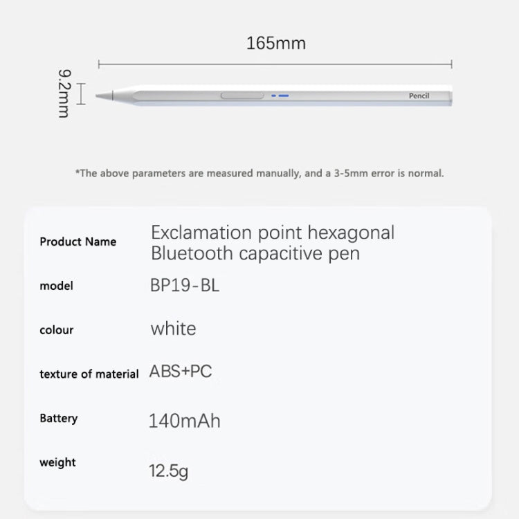 White hexagonal Bluetooth stylus pen with measurements; side controls visible along the body.
