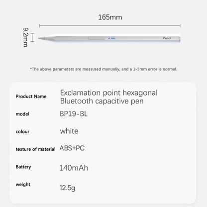 White hexagonal Bluetooth stylus pen with measurements; side controls visible along the body.