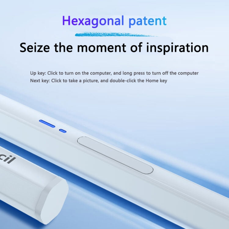 White hexagonal Bluetooth stylus pen close-up, showing the top slot and side button.