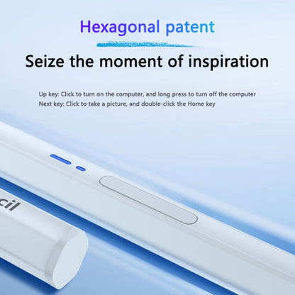 White hexagonal Bluetooth stylus pen close-up, showing the top slot and side button.