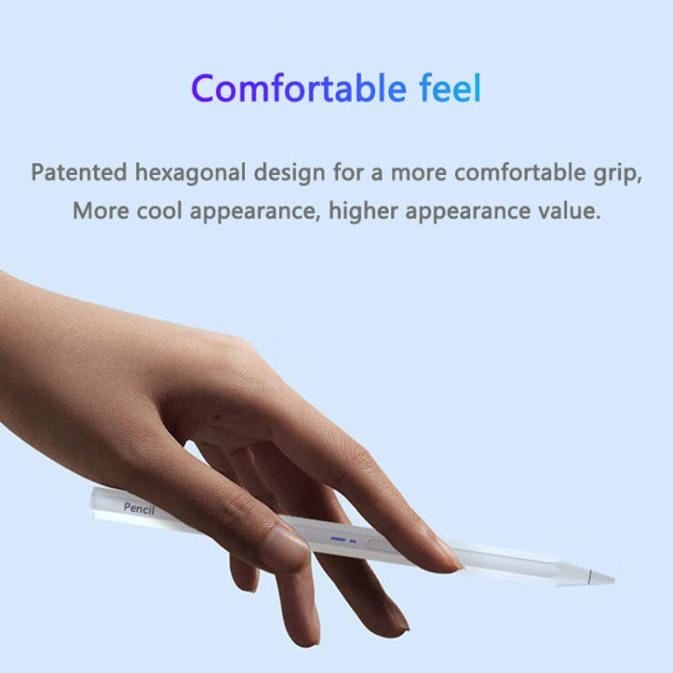 White hexagonal Bluetooth stylus pen held in a hand; comfortable grip shape visible.