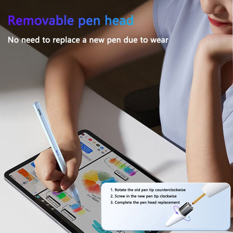 White hexagon Bluetooth stylus with removable tip; hand holds pen near tablet display.