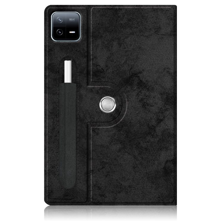 Black smart tablet case with camera cutout, round button, and built-in pen holder