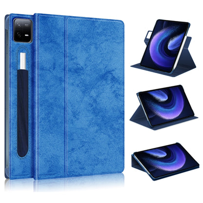 Blue smart tablet case with 360 rotating stand, folio cover, and pen holder