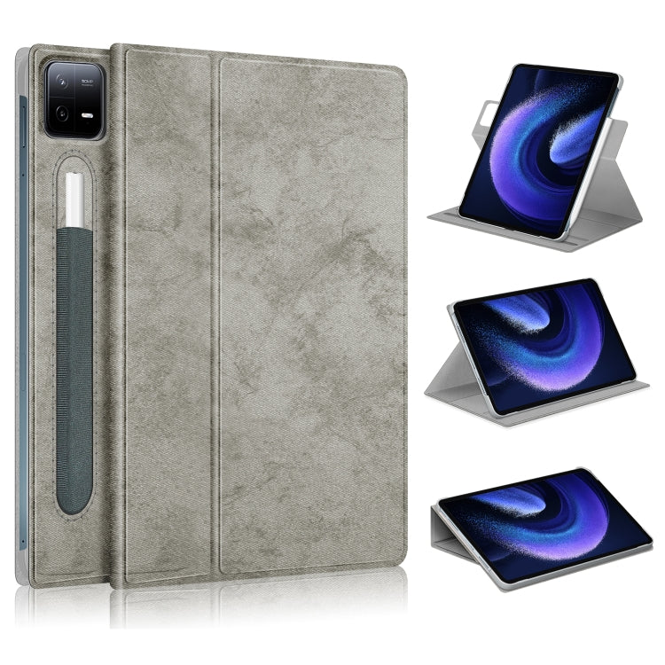 Grey smart tablet case with 360 rotating stand, folio cover, and pen holder
