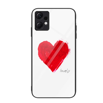 Glass phone case with red painted heart and cursive 'lovely' on white